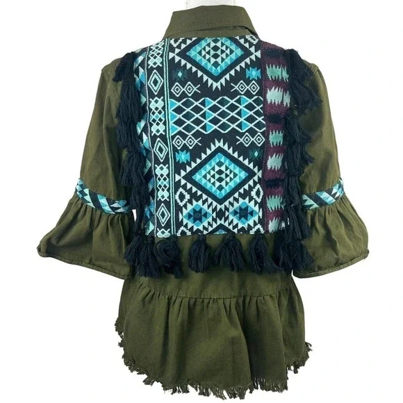 Beautiful Stories Anthropologie Inika Olive Green Utility Jacket S Embroidered - Picture 1 of 16